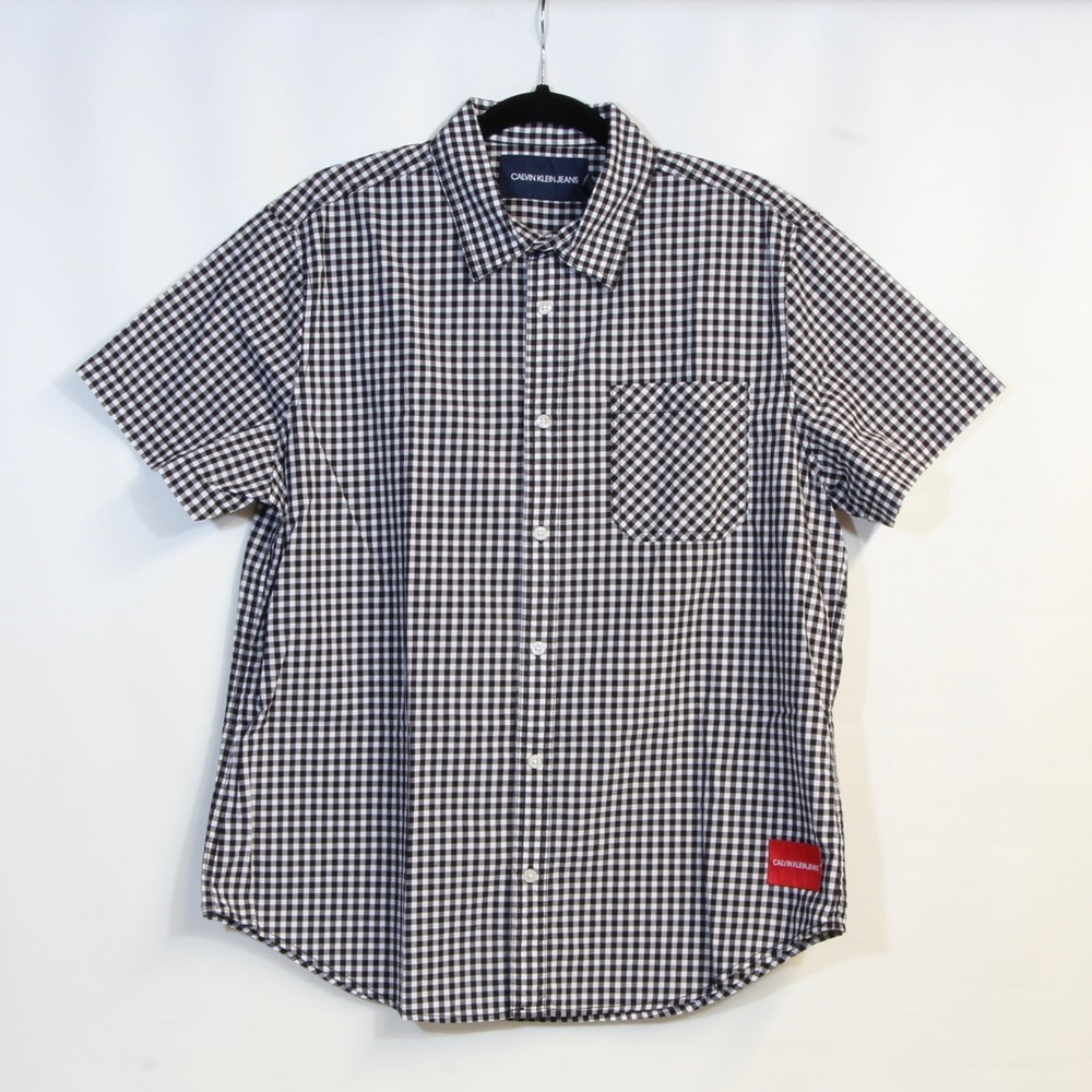 Calvin Klein Short Sleeve Black/White Checkered Button Down Shirt Size Large